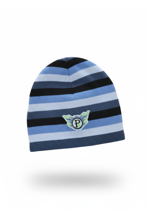 Czapka chłopięca sportowa – niebiesko-granatowa w paski z emblematem.
