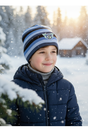 Boys’ Sporty Knit Hat – Blue & Black Striped with Emblem