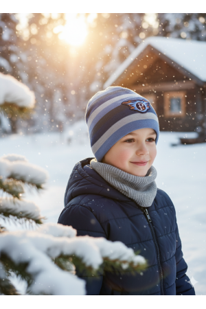Boys’ Sporty Knit Hat – Blue & Grey Striped with Orange Emblem