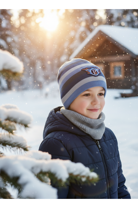 Czapka chłopięca sportowa – błękitno-szara w paski z emblematem