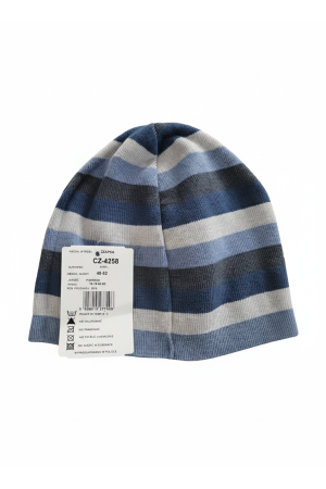 Czapka chłopięca sportowa – błękitno-szara w paski z emblematem