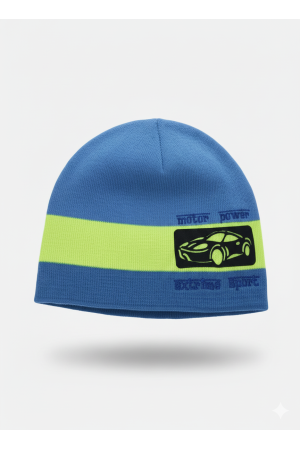 Czapka chłopięca niebiesko-limonkowa z motywem samochodu „Auto”