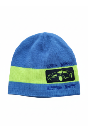 Czapka chłopięca niebiesko-limonkowa z motywem samochodu „Auto”