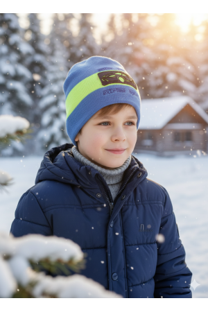 Boys’ Knit Hat – Blue & Lime with Car Design “Extreme Sport”