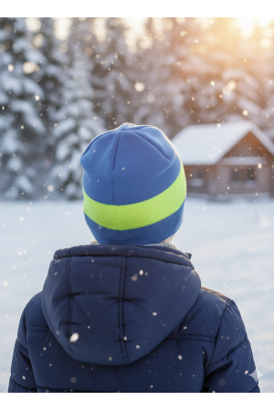 Czapka chłopięca niebiesko-limonkowa z motywem samochodu „Auto”