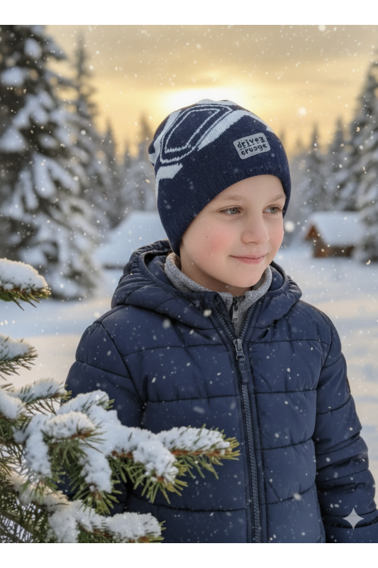 Boys’ Knit Hat – Navy & Grey with “Driver Crazy” Patch