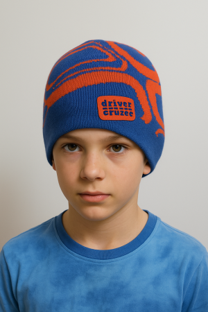 Boys’ Knit Hat – Blue & Orange with “Driver Crazy” Patch