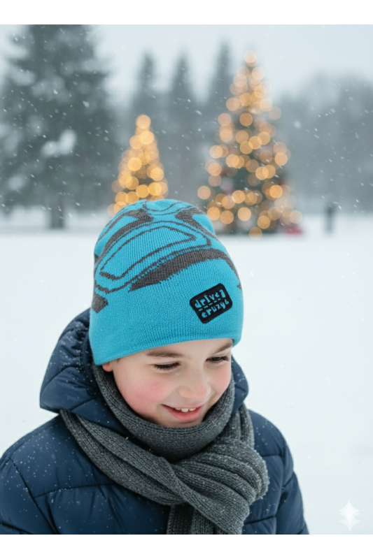 Boys’ Knit Hat – Turquoise & Grey with “Driver Crazy” Patch