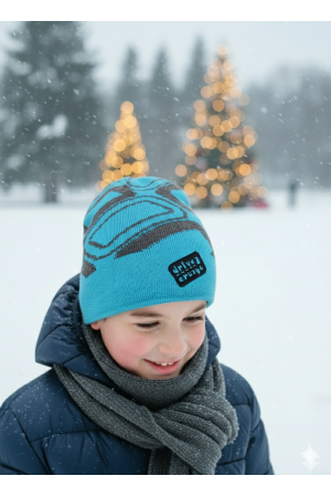 Boys’ Knit Hat – Turquoise & Grey with “Driver Crazy” Patch