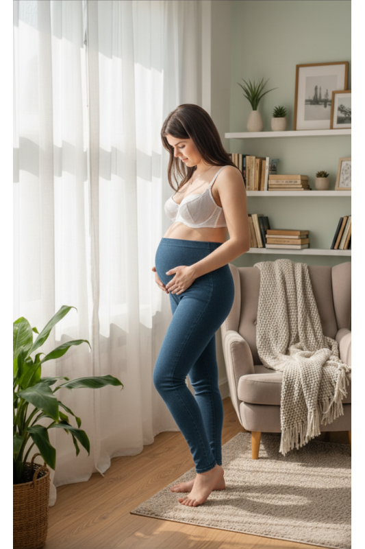 Legginsy ciążowe BAK – jeansowe z pasem na brzuch. Komfort dla mam.