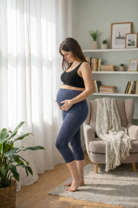 Legginsy 3/4 ciążowe BAK, kolor jeans z pasem na brzuch. Komfort dla mam.