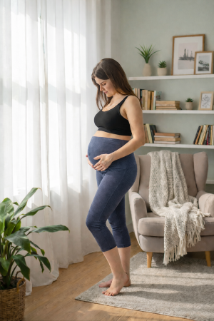 Legginsy 3/4 ciążowe BAK, kolor jeans z pasem na brzuch. Komfort dla mam.