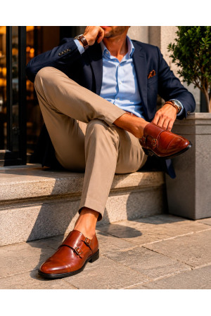 Monaco Double Monk Brown Leather Shoes | DOREDO