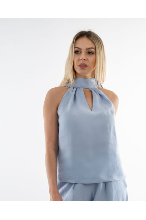 (0086) Błękitna lniana bluzka damska premium Open Shoulder