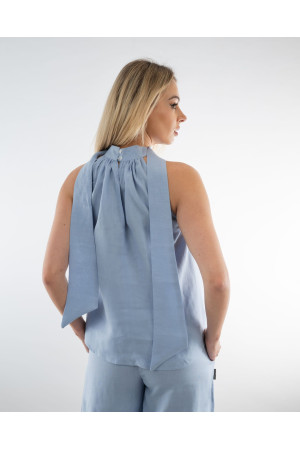 (0086) Błękitna lniana bluzka damska premium Open Shoulder
