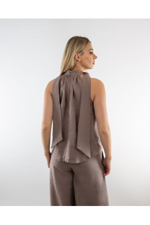 (0087) Cappuccino lniana bluzka damska Open Shoulder