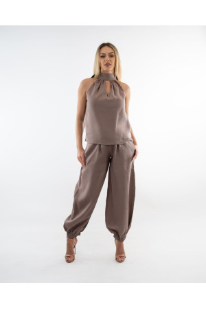 (0087) Cappuccino lniana bluzka damska Open Shoulder