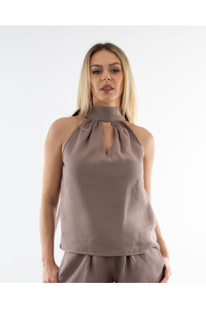 (0087) Cappuccino lniana bluzka damska Open Shoulder