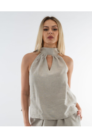 Lniana bluzka damska Cream Open Shoulder | DOREDO