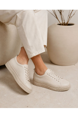 (0100) Beżowe skórzane sneakersy damskie Nude Platform Sneaker